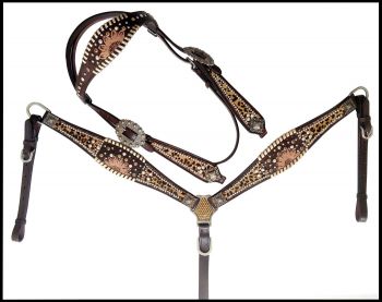 Showman Cheetah print hair on inlay with sunflower accent browband headstall and breast collar set with beads and engraved conchos and hardware #2